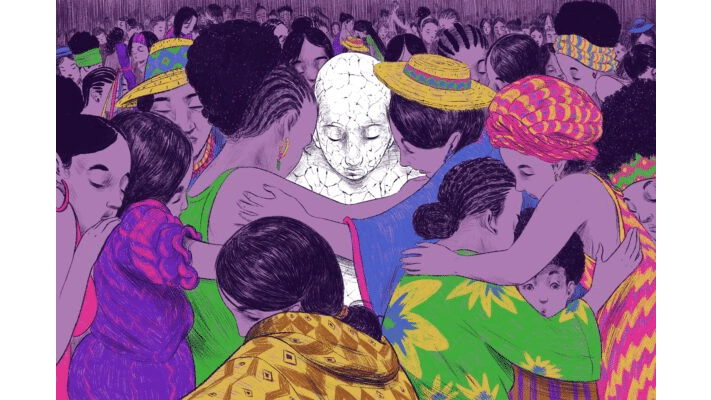 Ilustración de sororidad y apoyo colectivo entre mujeres diversas para el artículo sobre violencia contra la mujer
