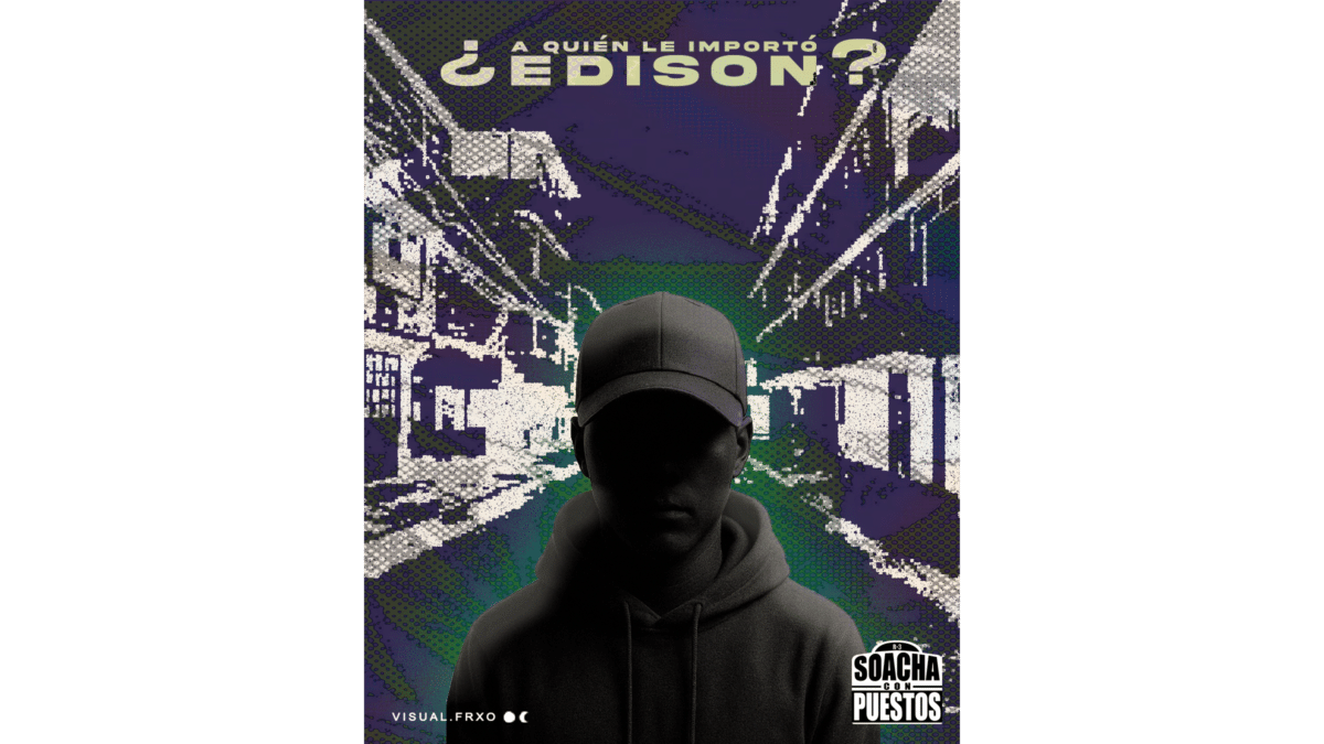 Grafica del reportaje ¿A quién le importó Edison? con silueta de joven y entorno urbano en Soacha con Puestos