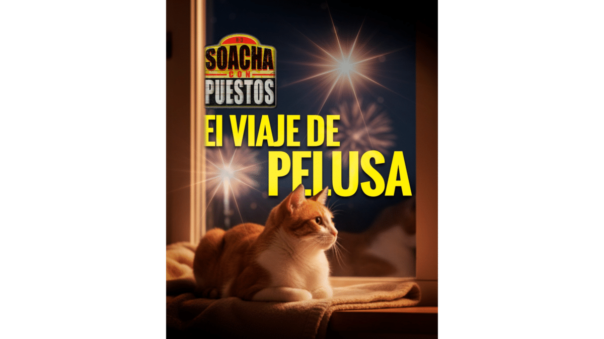 Pieza gráfica de El viaje de Pelusa con un gato atigrado naranja junto a una ventana mirando luces y fuegos artificiales