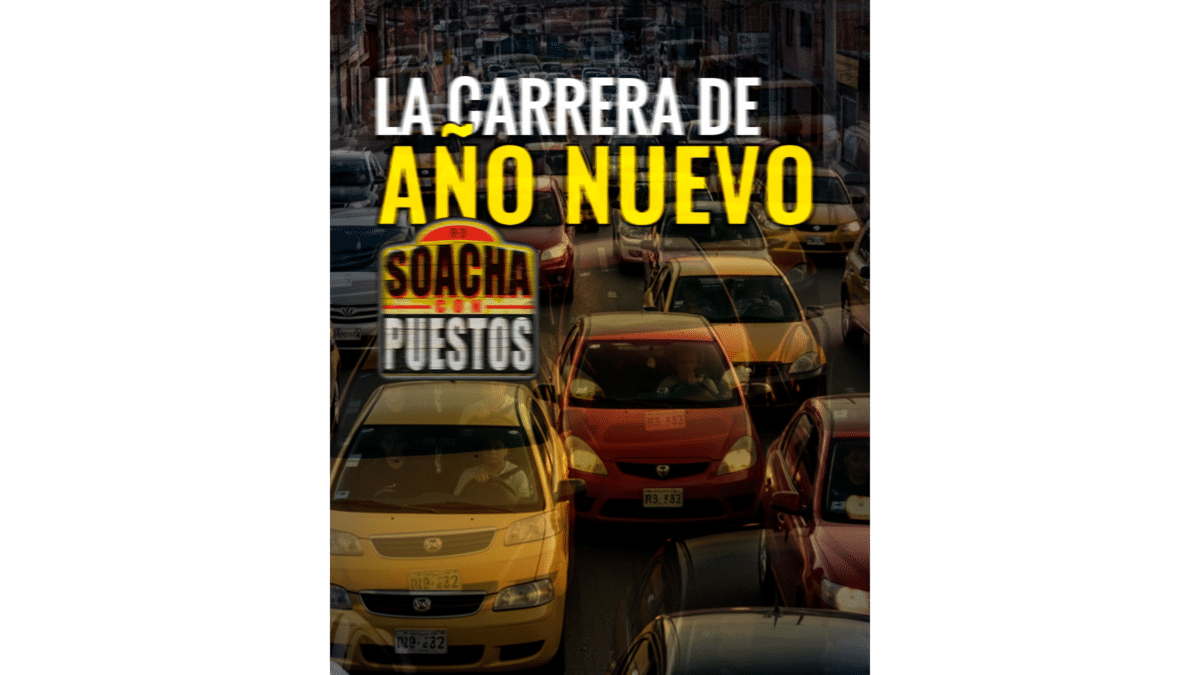 Pieza gráfica horizontal de La carrera de año nuevo con tráfico vehicular en una vía urbana y el logotipo de Soacha con Puestos